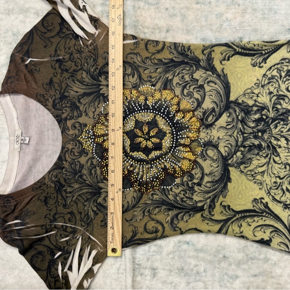 Vintage Cache Knit Baroque Print Top M Gold Black Long Sleeve Stretch - Picture 8 of 11